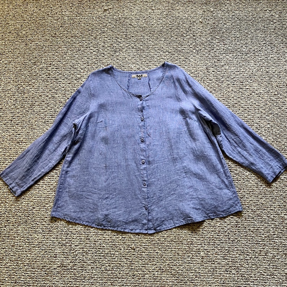 FLAX Designs 1G/1X linen Botton-down swing top tunic blouse - lavender color